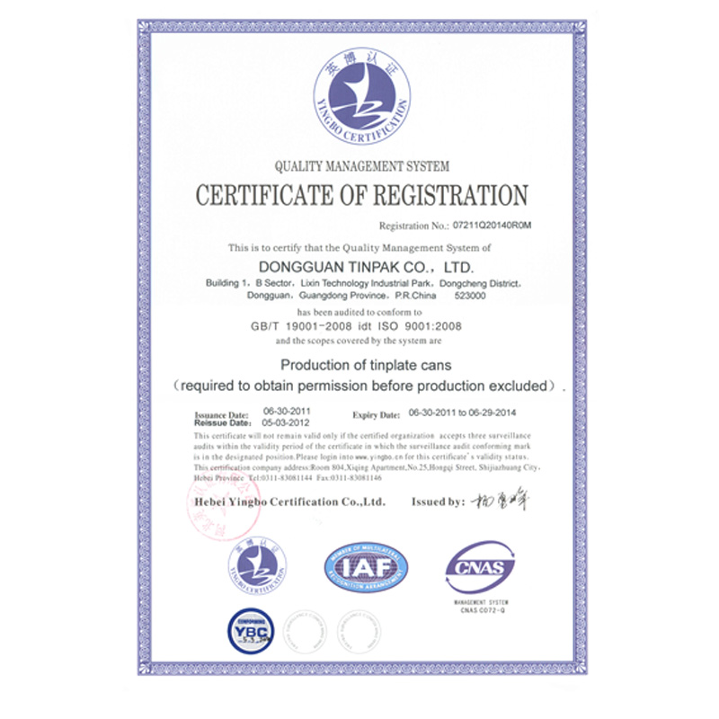 Tinpak Certificate